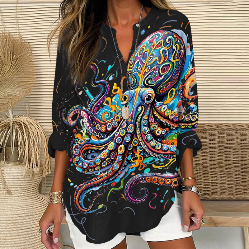 Vintage Rainbow Octopus Art Print V Neck Long Sleeve Blouse - Black - 8XL - image 4