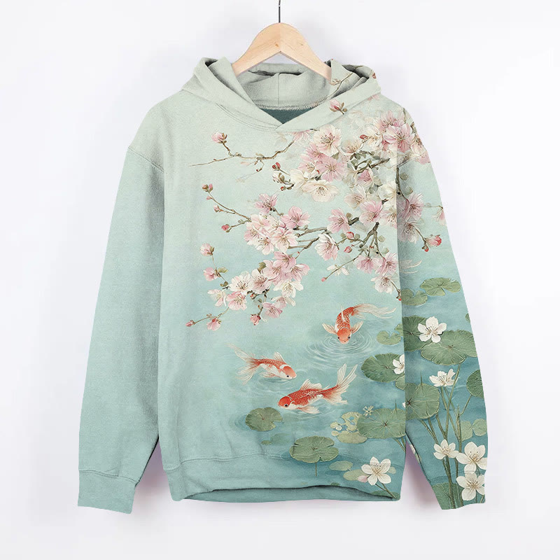 Lovely Goldfish Pond Under Peach Blossom Art Print Long Sleeve Hoodie - Blue - US44-46(8XL) - image 2