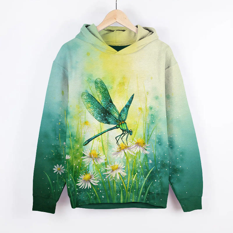 Oil Painting Fantasy Dragonfly & Daisy Art Print Long Sleeve Hoodie - Green - US44-46(8XL) - image 2