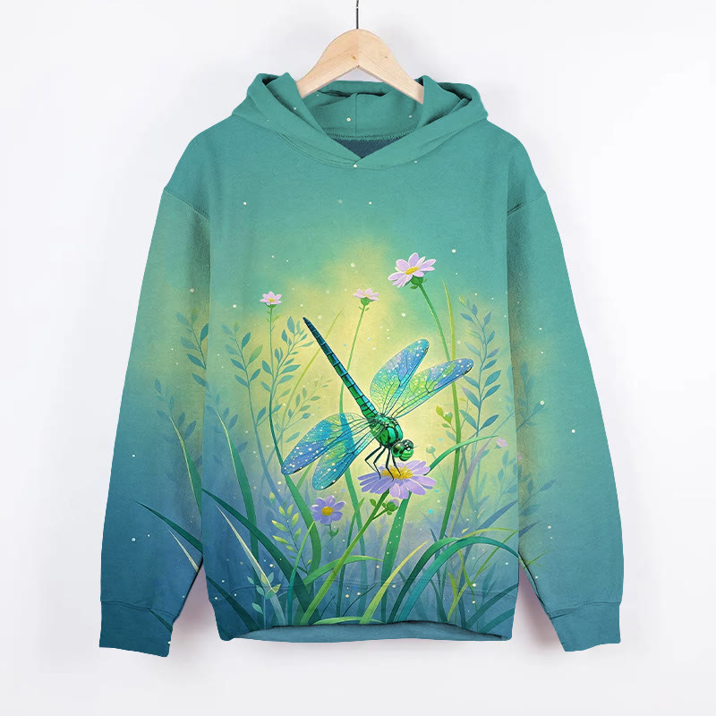 Watercolor Fantasy Dragonfly & Daisy Art Print Long Sleeve Hoodie - Green - US44-46(8XL) - image 1