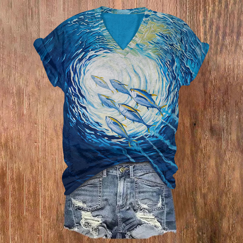 Ocean Fish And Whirlpool Art Print Short Sleeved V-neck T-shirt - Blue - US32-34(5XL) - image 1