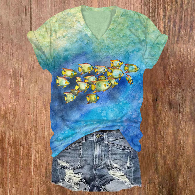 Dreamy Underwater Fish Art Print Short Sleeved V-neck T-shirt - Multicolor - US32-34(5XL) - image 1