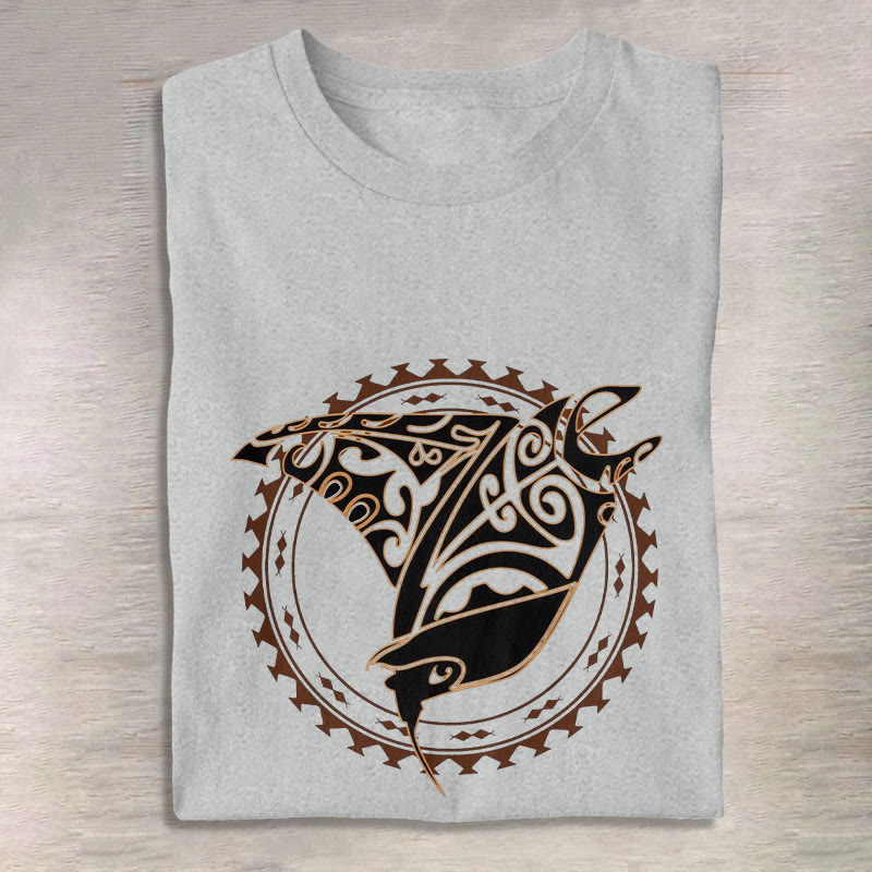 Unisex Tribal Manta Ray Graphic Print Short Sleeved Crew Neck T-shirt - Grey - 2XL - image 2