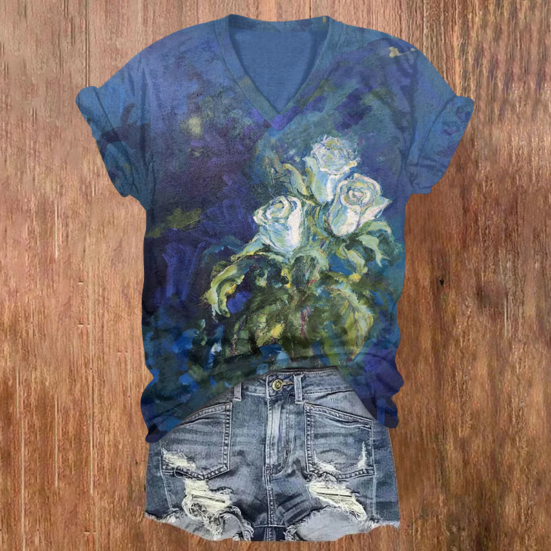 Vintage Oil Painting White Rose Art Print Short Sleeved V-neck T-shirt - Blue - US32-34(5XL) - image 1