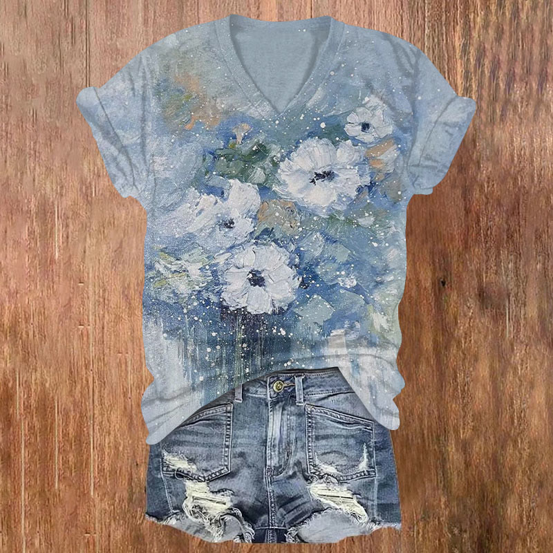 Vintage Oil Painting Of Flowers Print Short Sleeved V-neck T-shirt - Blue - US32-34(5XL) - image 1