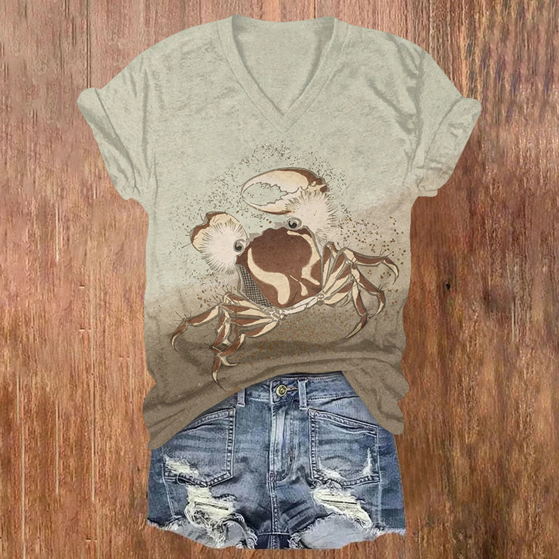 Vintage Funny Crab Pattern Print Short Sleeved V-neck T-shirt - Khaki - US32-34(5XL) - image 1