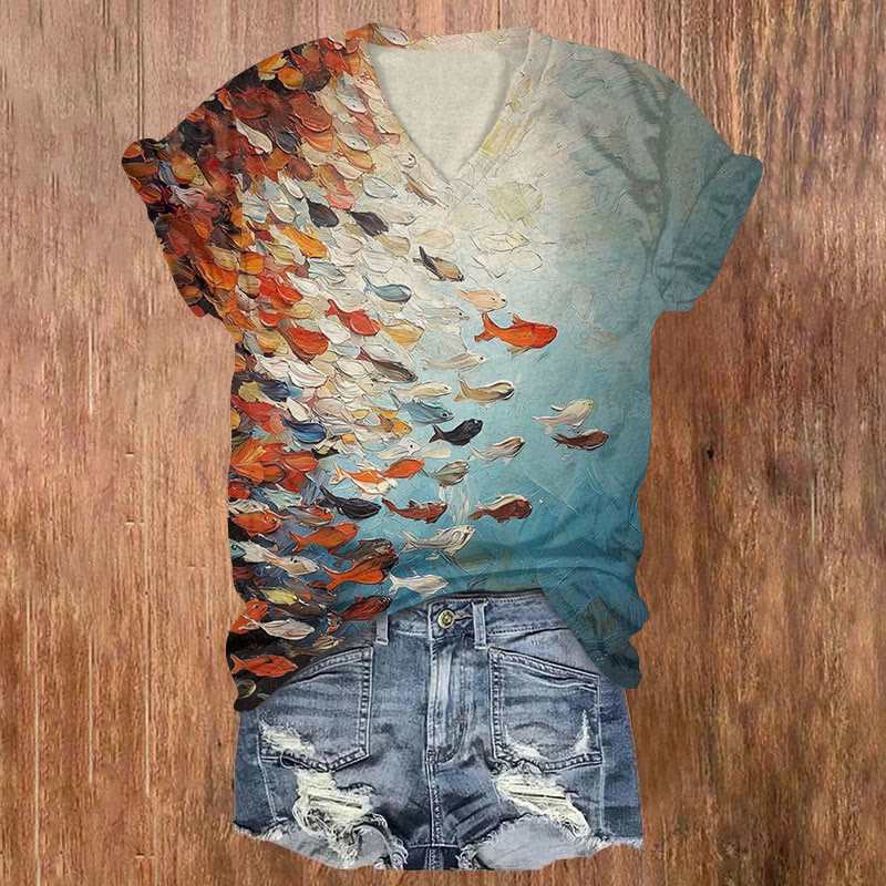 Creative Colorful Fish Art Print Short Sleeved V-neck T-shirt - Multicolor - US32-34(5XL) - image 1