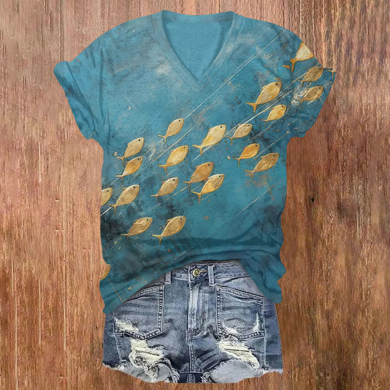 Retro Funny Fish School Art Print Short Sleeved V-neck T-shirt - Blue - US32-34(5XL) - image 1