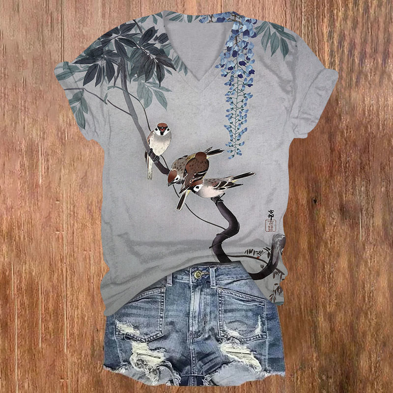 Japanese Ring Sparrows At Wisteria Print Short Sleeved V-neck T-shirt - Grey - US32-34(5XL) - image 1