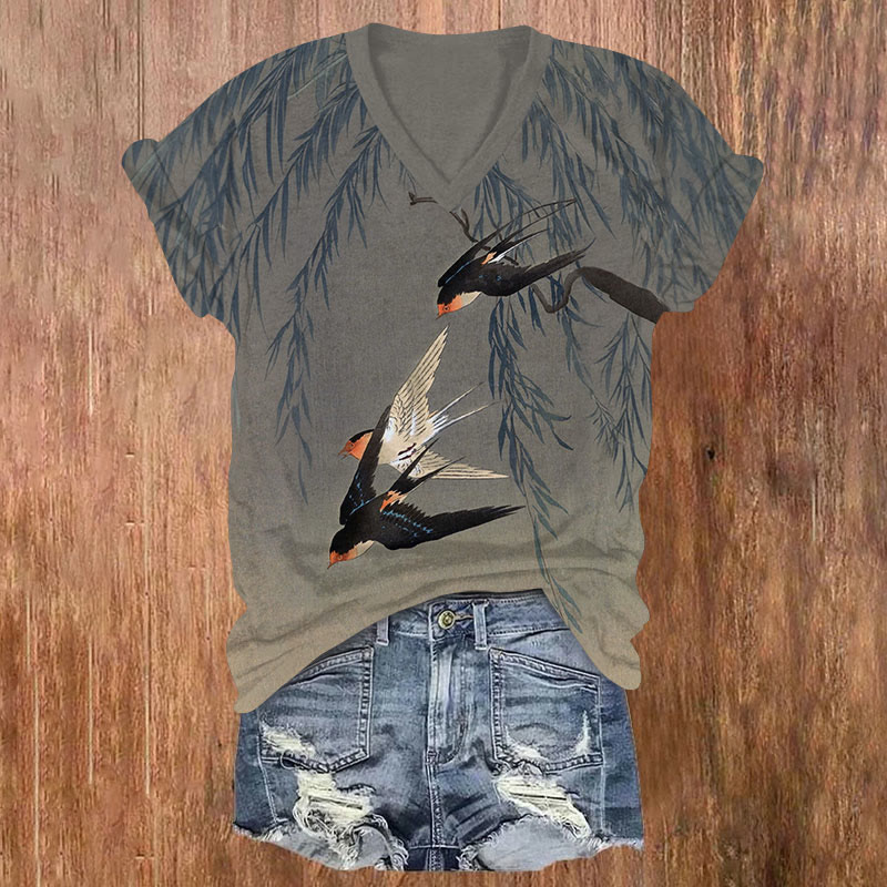 Vintage Swallow And Willow Tree Pattern Print Short Sleeved V-neck T-shirt - Grey - US32-34(5XL) - image 1
