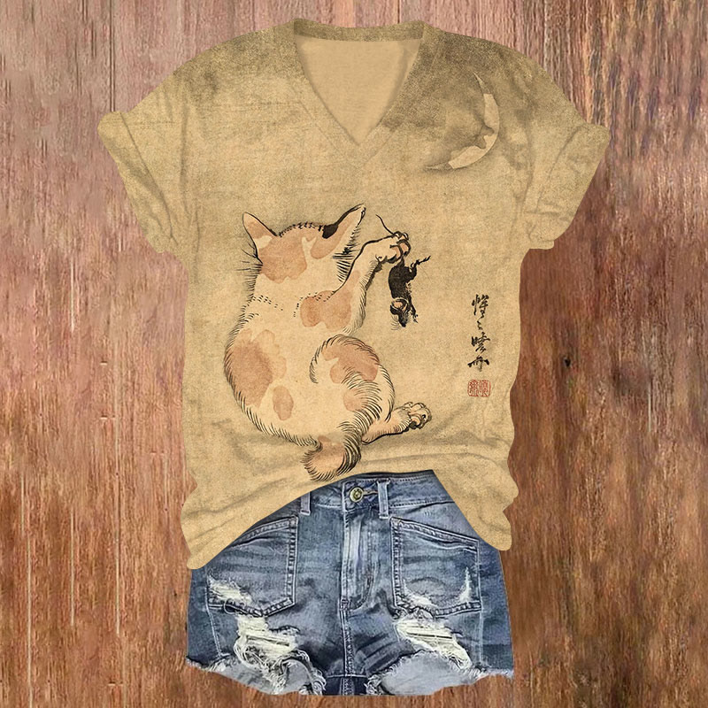 Japanese Funny Cat Catching Mouse Art Print Short Sleeved V-neck T-shirt - Yellow - US32-34(5XL) - image 1