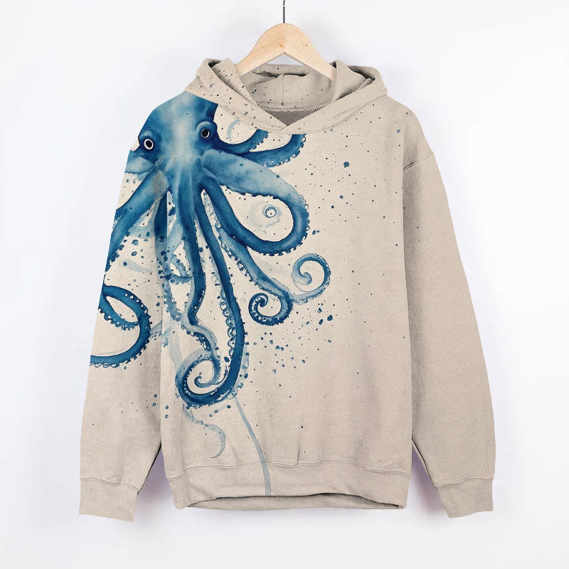 Japanese Watercolor Octopus Art Print Long Sleeve Hoodie - Khaki - US44-46(8XL) - image 1