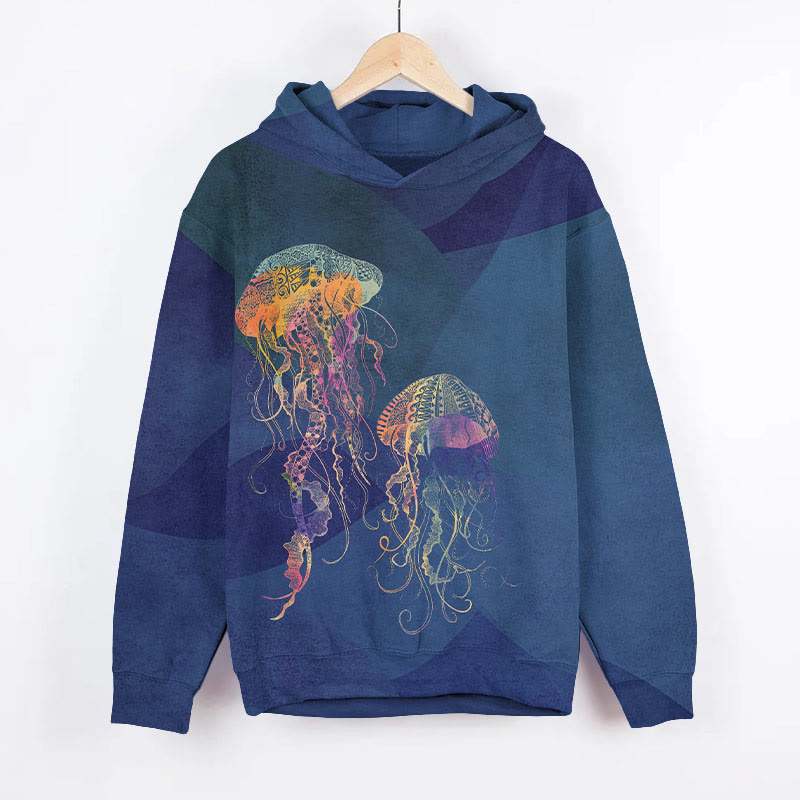 Creative Colorful Jellyfish Art Print Long Sleeve Hoodie - Blue - US44-46(8XL) - image 2