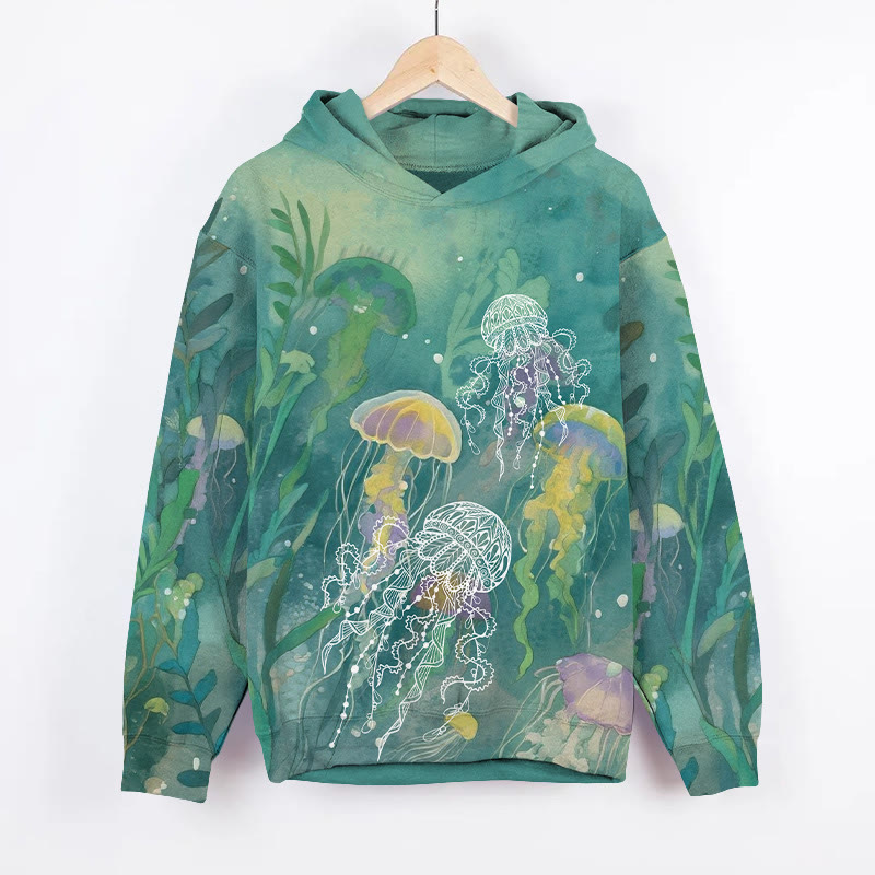  Fantasy Underwater Jellyfish Art Print Long Sleeve Hoodie - Green - US44-46(8XL) - image 2