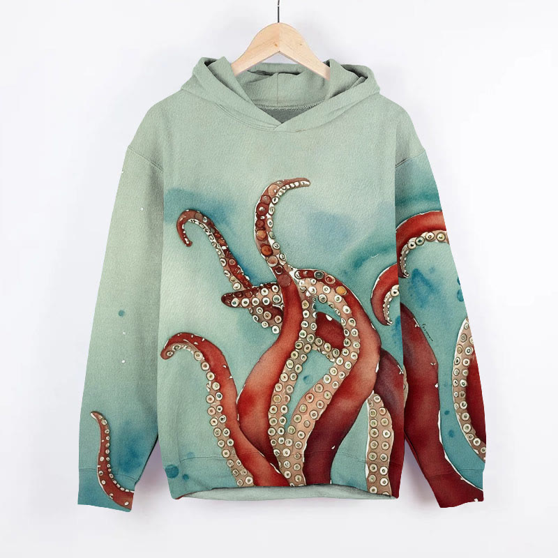Vintage Gemstone Octopus Tentacles Art Print Long Sleeve Hoodie - Green - US44-46(8XL) - image 2