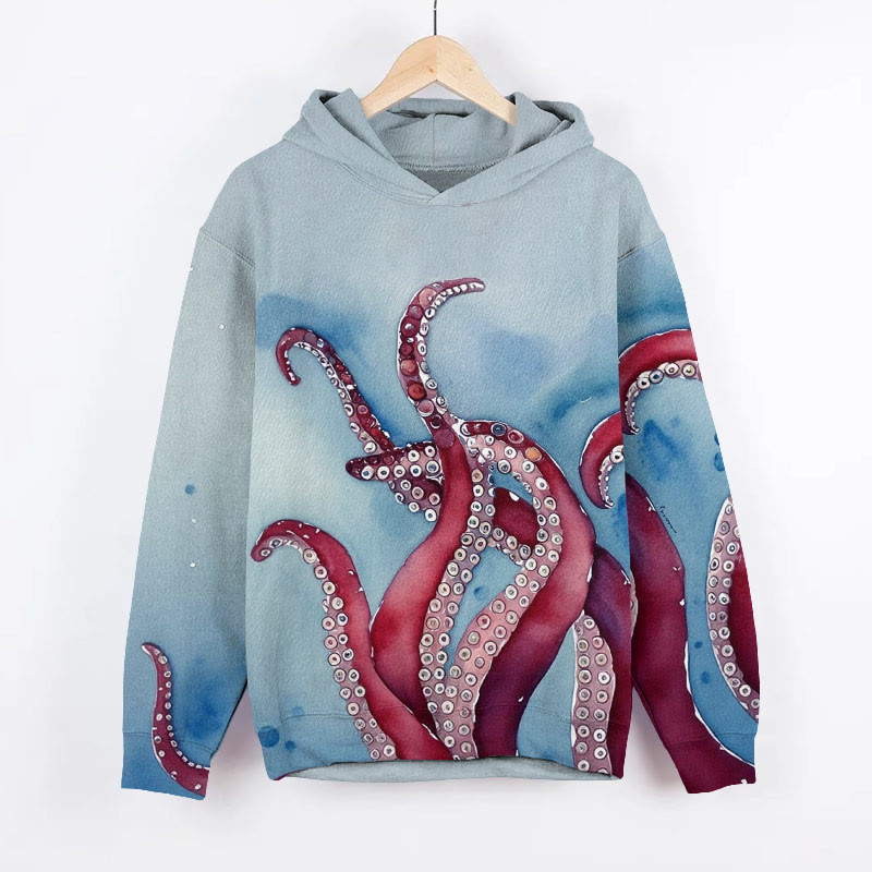 Vintage Gemstone Octopus Tentacles Art Print Long Sleeve Hoodie - Blue - US44-46(8XL) - image 1