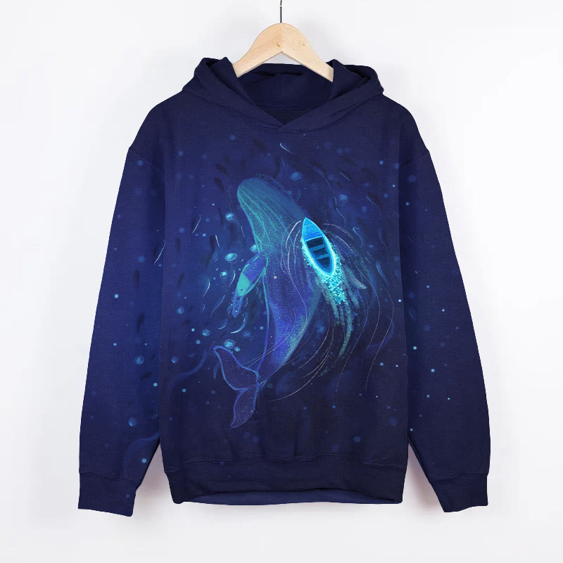 Stunning Glowing Boat & Whale In Dark Night Art Print Long Sleeve Hoodie - Blue - US44-46(8XL) - image 1