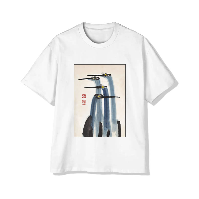 Unisex Japanese Art Crane Print Short Sleeved Crew Neck T-shirt - White - 2XL - image 1