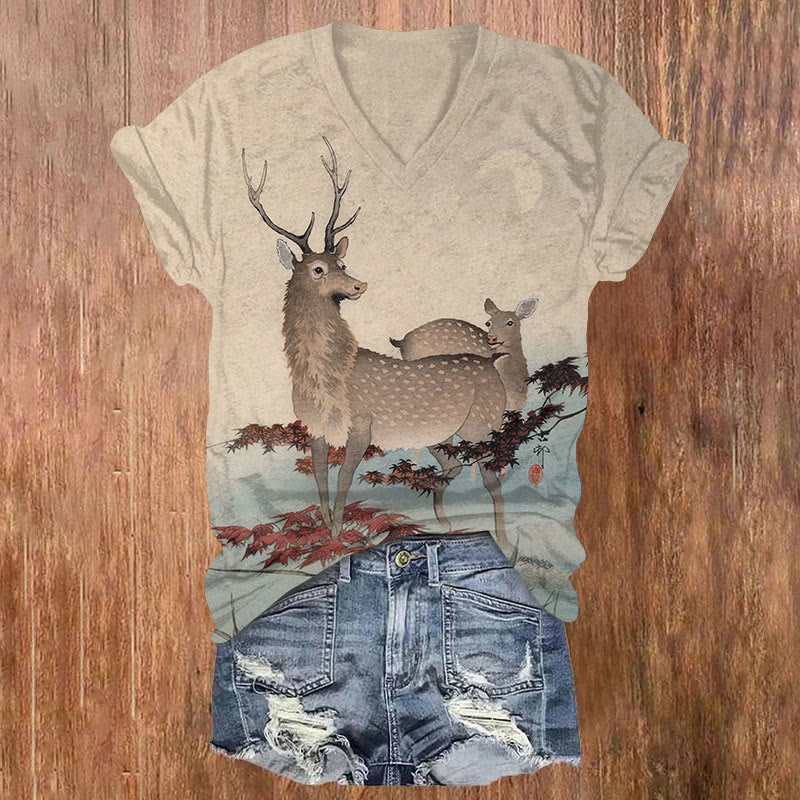 Japanese Ohara Koson Couple Of Deers Print Short Sleeved V-neck T-shirt - Khaki - US32-34(5XL) - image 1