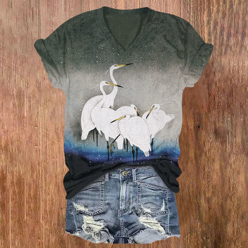 Winter Snowy White Cranes Print Short Sleeved V-neck T-shirt - Dark Green - US32-34(5XL) - image 1