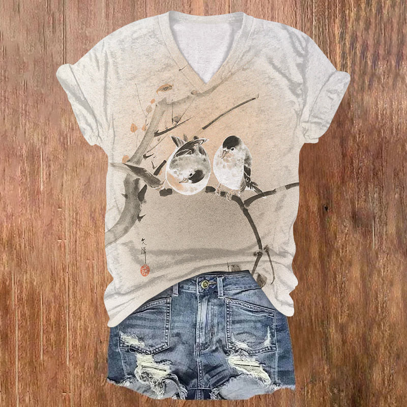 Japanese Lovely Birds Art Print Short Sleeved V-neck T-shirt - Beige - US32-34(5XL) - image 1