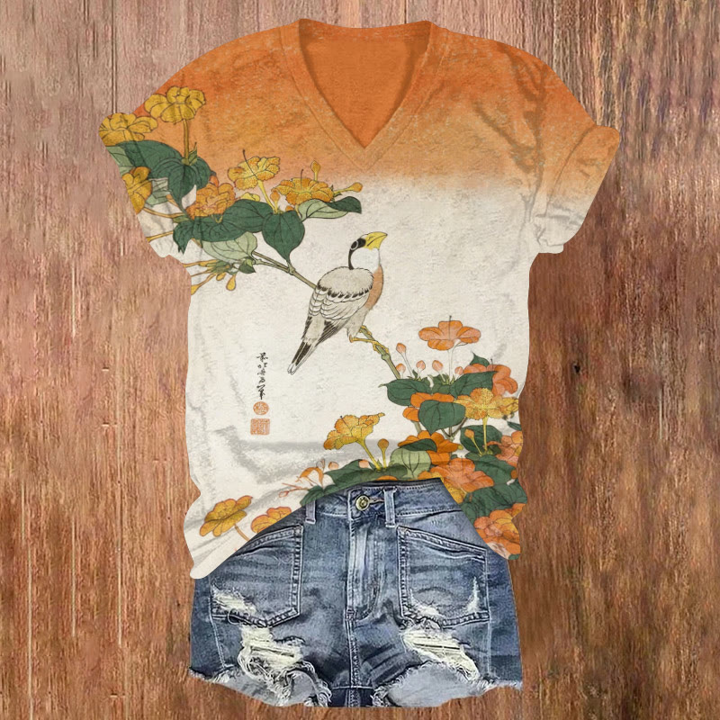 Japanese Katsushika Hokusai Bird & Flower Print Short Sleeved V-neck T-shirt - Orange - US32-34(5XL) - image 1