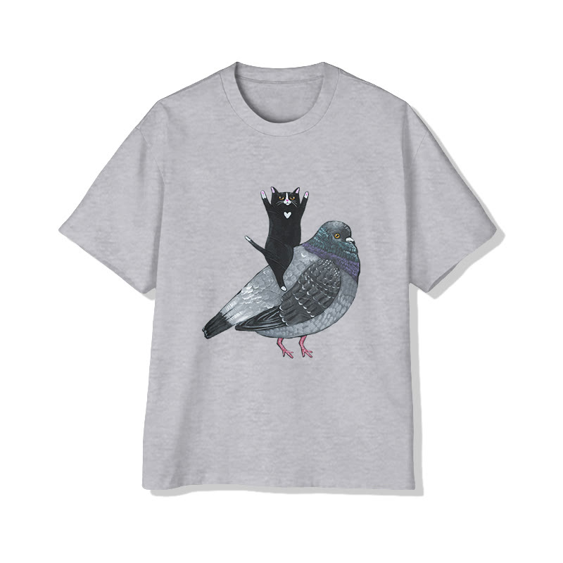 Unisex Funny Black Cat Riding A Bird Print Short Sleeved Crew Neck T-shirt - Grey - 2XL - image 2