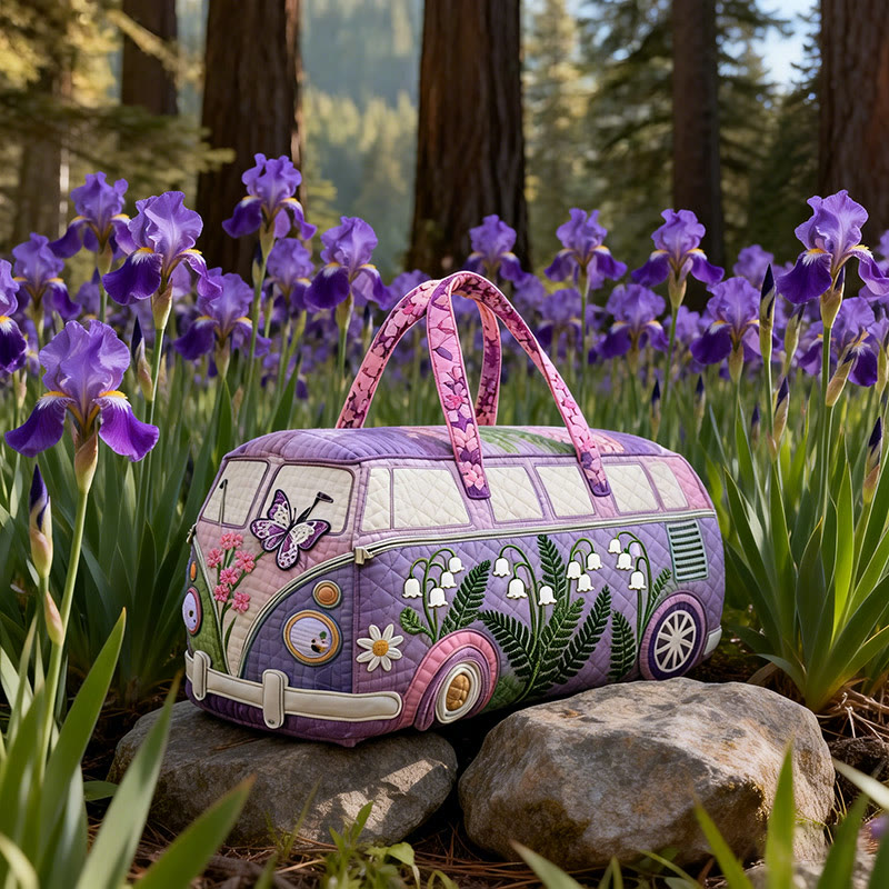 Purple Flowers And Butterflies Print Quilted Duffle Bag - Purple - one size - image 1