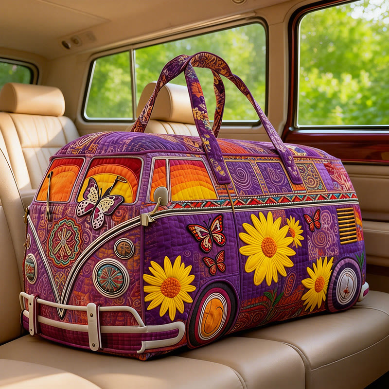 Hippie-style Butterflies And Sunflowers Print Quilted Duffle Bag - Purple - one size - image 1