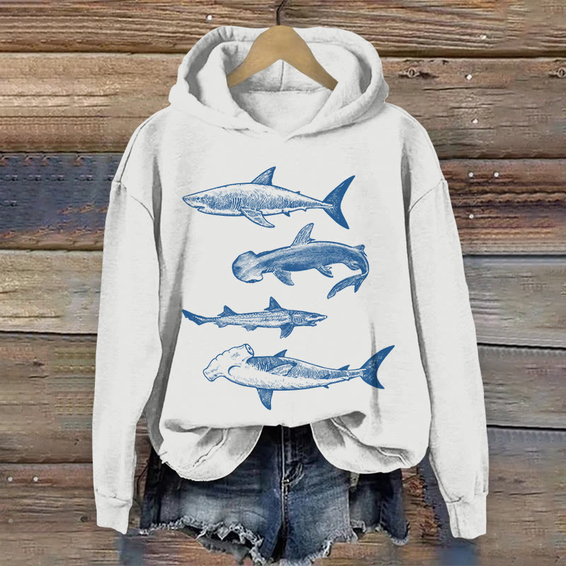 Unisex Marine Fish School Art Sketch Pattern Print Long Sleeved Hoodie - White - US44-46(8XL) - image 1