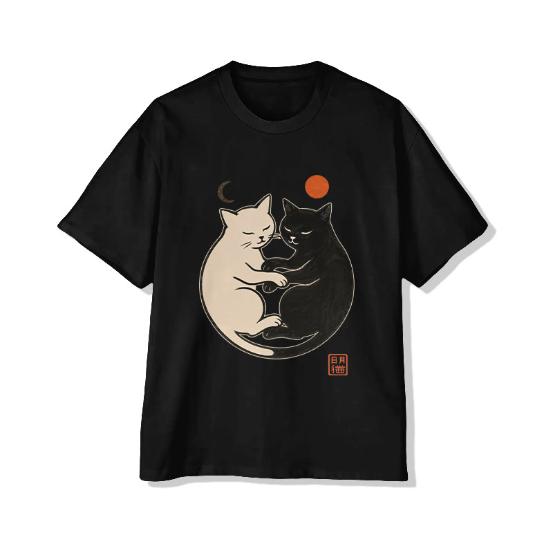 Unisex Sun And Moon Cat Pattern Print Short Sleeved Crew Neck T-shirt - Black - 2XL - image 2