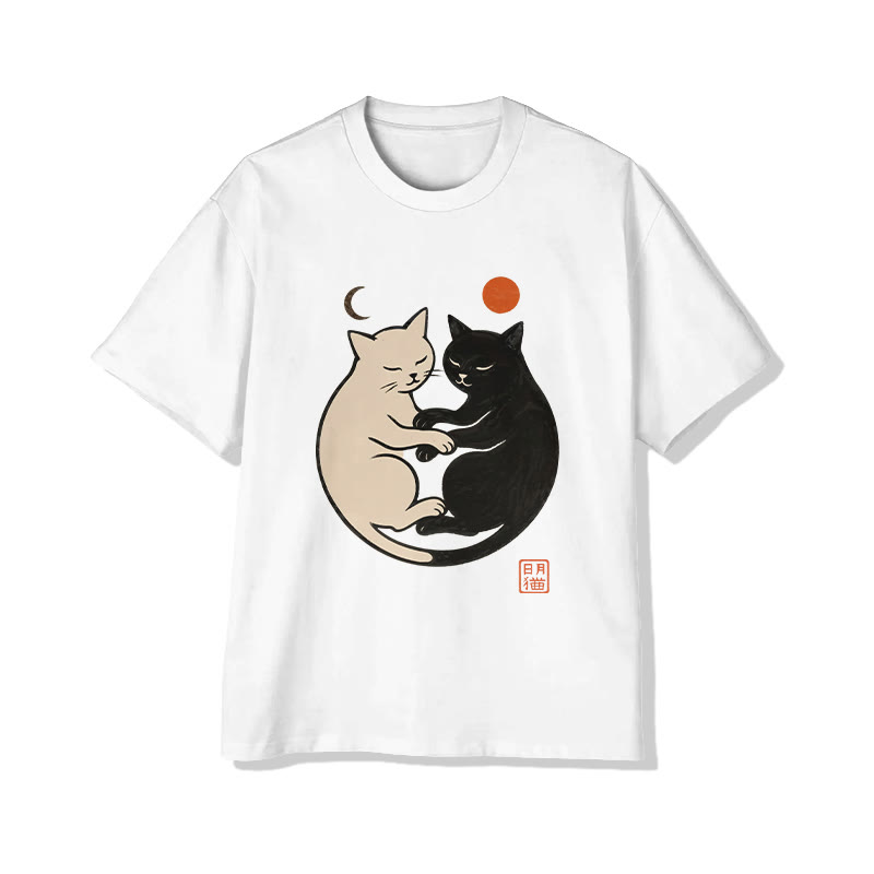 Unisex Sun And Moon Cat Pattern Print Short Sleeved Crew Neck T-shirt - White - 2XL - image 1