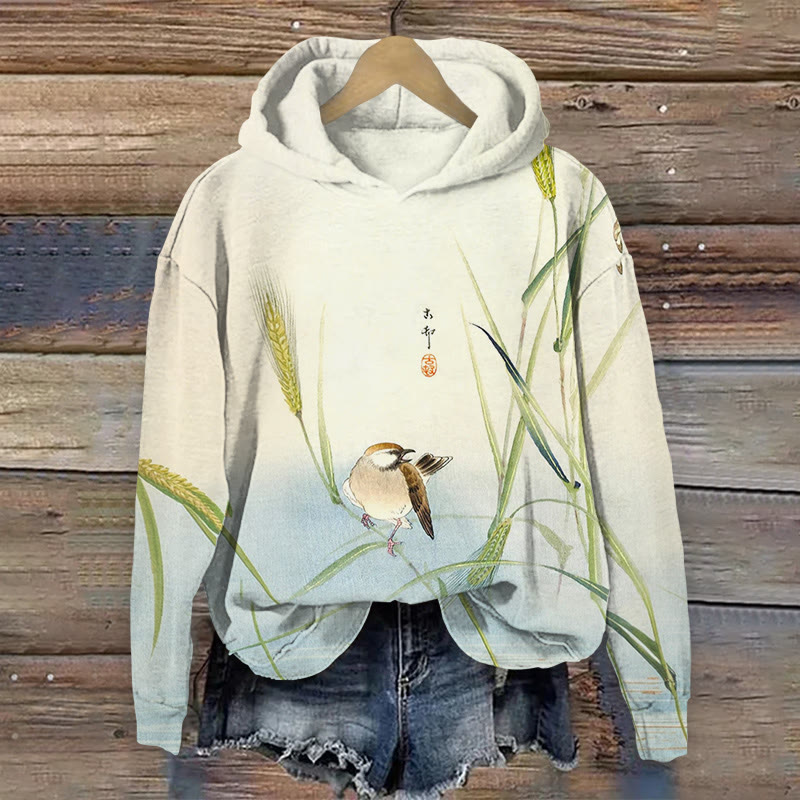 Vintage Bird On The Wheat Ears Print Long Sleeved Hoodie - Beige - US44-46(8XL) - image 1