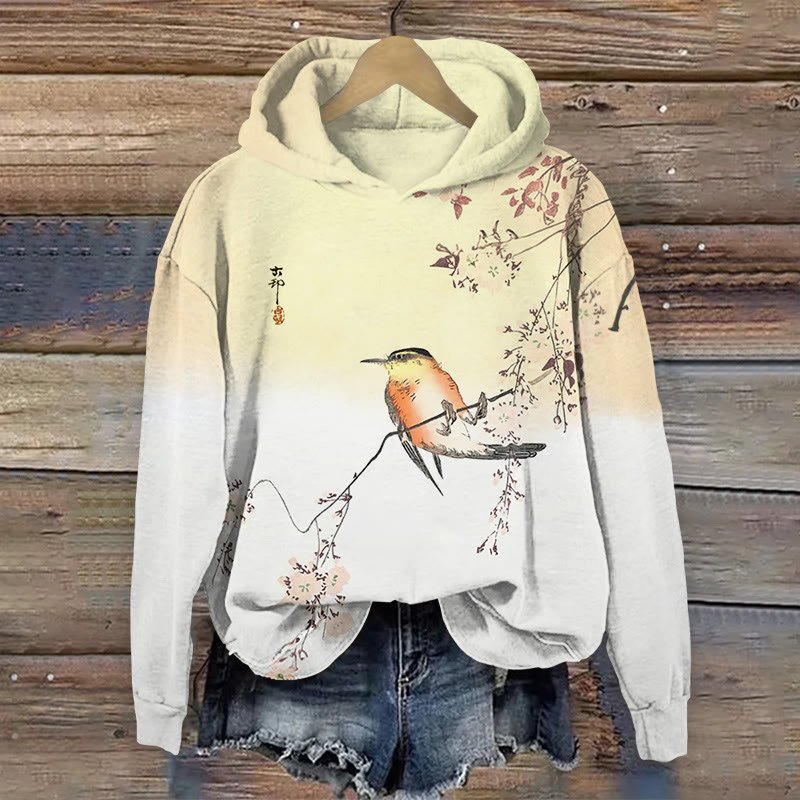 Japanese Lovely Cartoon Bird Art Print Long Sleeved Hoodie - Yellow - US44-46(8XL) - image 1