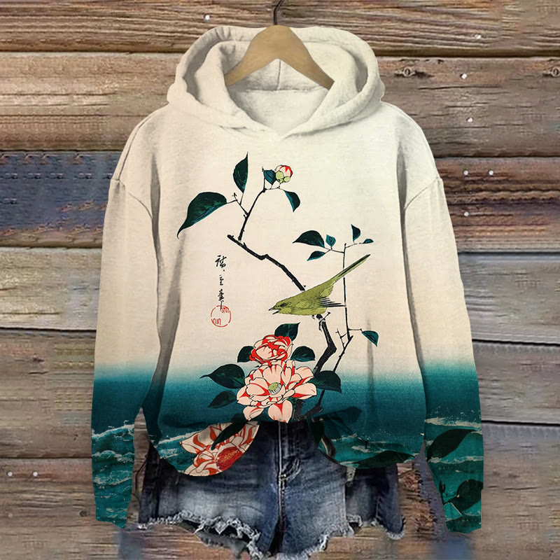 Japanese Watercolor Flower & Bird Pattern Print Long Sleeved Hoodie - Apricot - US44-46(8XL) - image 1