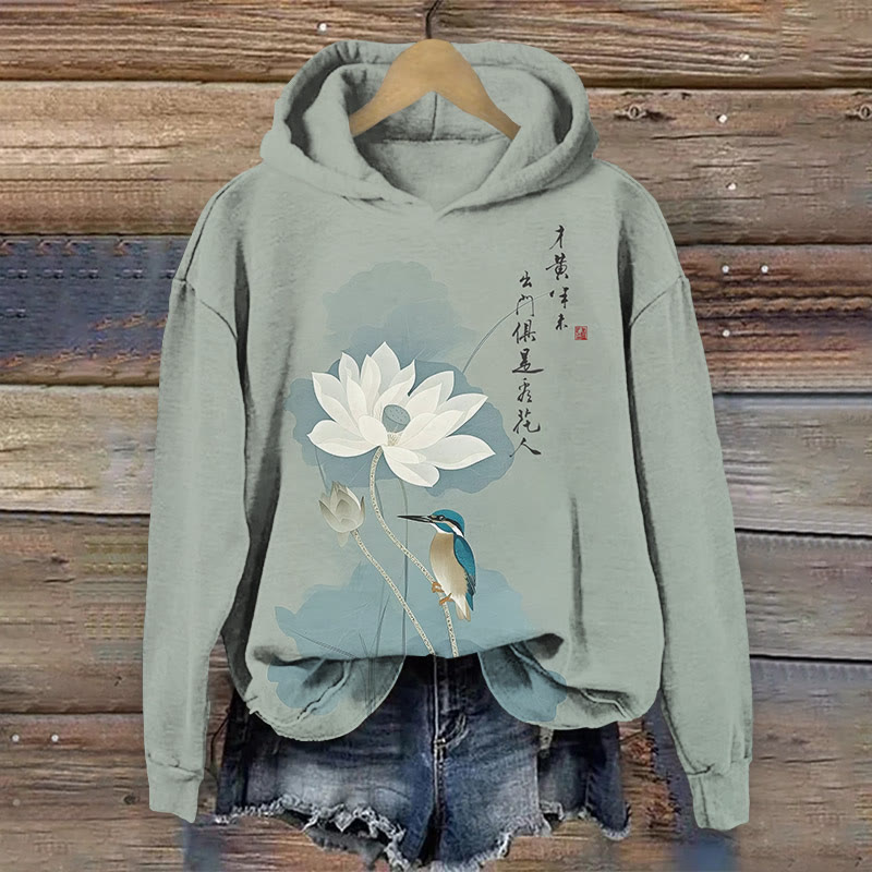 Vintage White Lotus Blossom & Bird Art Print Long Sleeve Hoodie - Green - US44-46(8XL) - image 1
