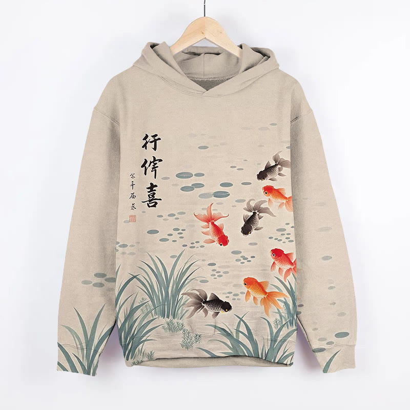 Japanese Watercolor Goldfish Pond Art Print Long Sleeve Hoodie - Khaki - US44-46(8XL) - image 1