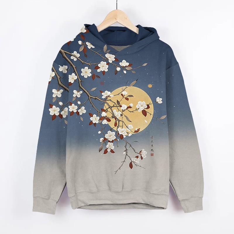 Japanese White Sakura Full Moon Art Print Long Sleeve Hoodie - image 2
