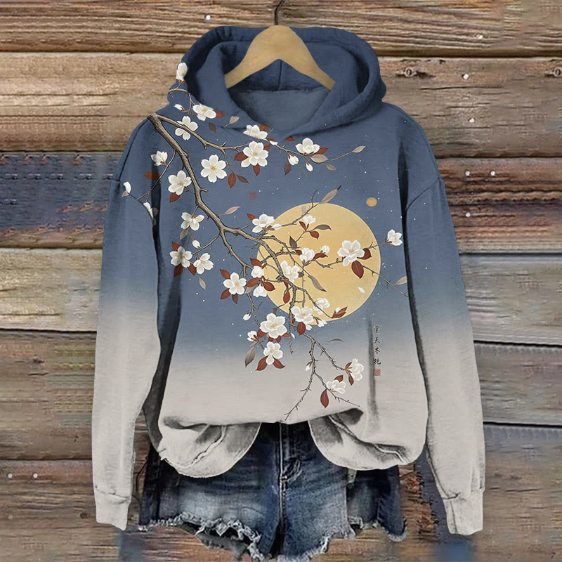 Japanese White Sakura Full Moon Art Print Long Sleeve Hoodie - Blue - US44-46(8XL) - image 1