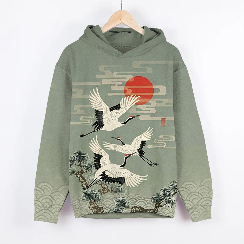Japanese Retro Flying White Cranes Art Print Long Sleeve Hoodie - Green - US44-46(8XL) - image 2