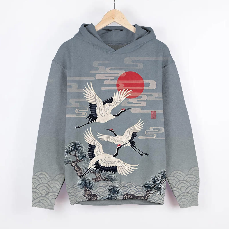 Japanese Retro Flying White Cranes Art Print Long Sleeve Hoodie - Grey - US44-46(8XL) - image 1