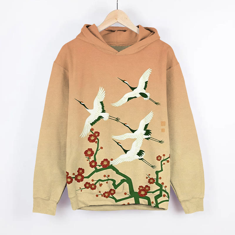 Japanese Ombre Cartoon White Cranes & Floral Art Print Long Sleeve Hoodie - image 2