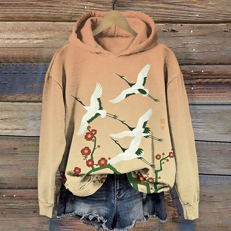Japanese Ombre Cartoon White Cranes & Floral Art Print Long Sleeve Hoodie - Orange - US44-46(8XL) - image 1