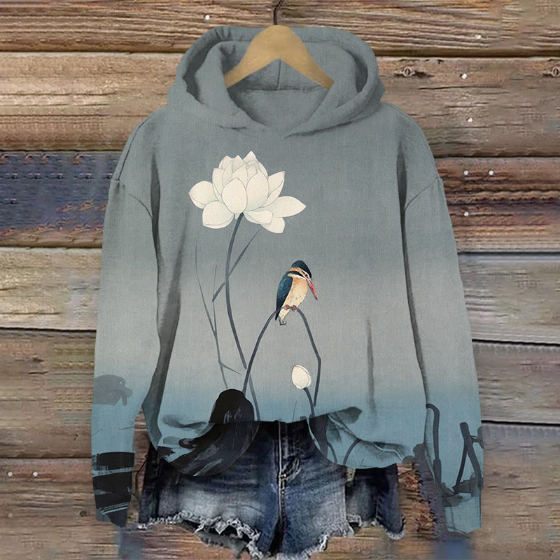 Japanese Birds And Flowers Art Print Long Sleeved Hoodie - Grey - US44-46(8XL) - image 1