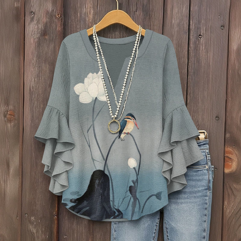Vintage Birds And Flowers Print V-neck Half Sleeve Blouse - Grey - 5XL - image 1