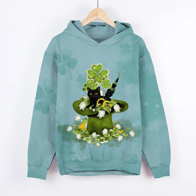 St. Patrick's Day Black Cat In Four-leaf Clover Hat Art Print Long Sleeve Hoodie - Blue - US44-46(8XL) - image 1