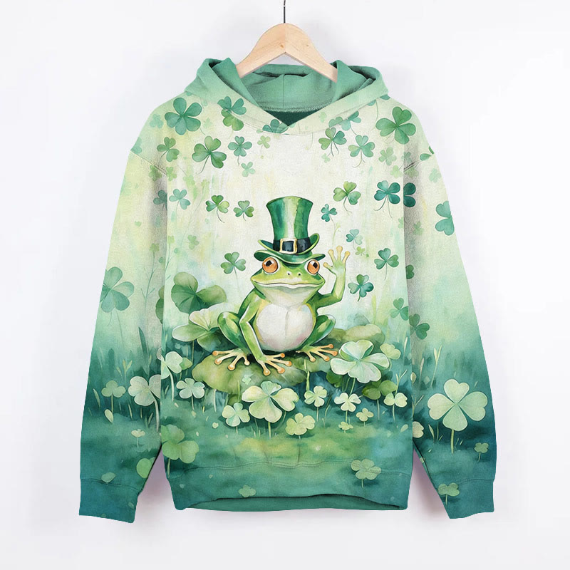 St. Patrick's Day Clover Frog With Hat Art Print Long Sleeve Hoodie - Green - US44-46(8XL) - image 1