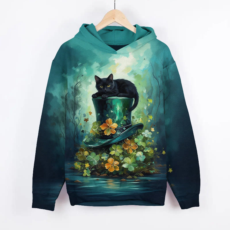 St. Patrick's Day Oil Painting Cat Lying On Clover Hat Art Print Long Sleeve Hoodie - Blue - US44-46(8XL) - image 2