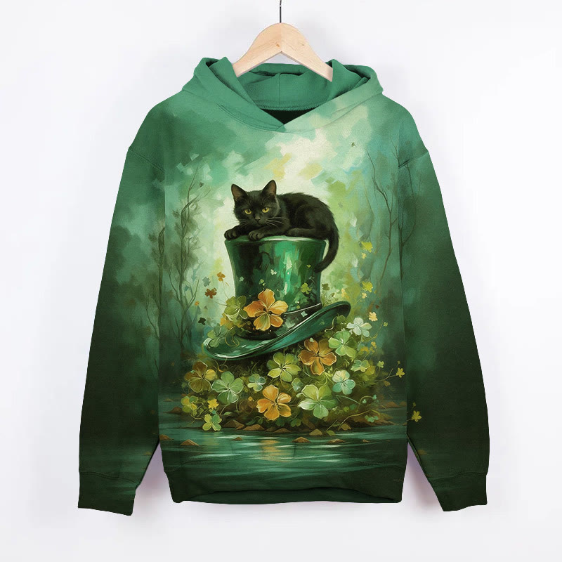 St. Patrick's Day Oil Painting Cat Lying On Clover Hat Art Print Long Sleeve Hoodie - Green - US44-46(8XL) - image 1