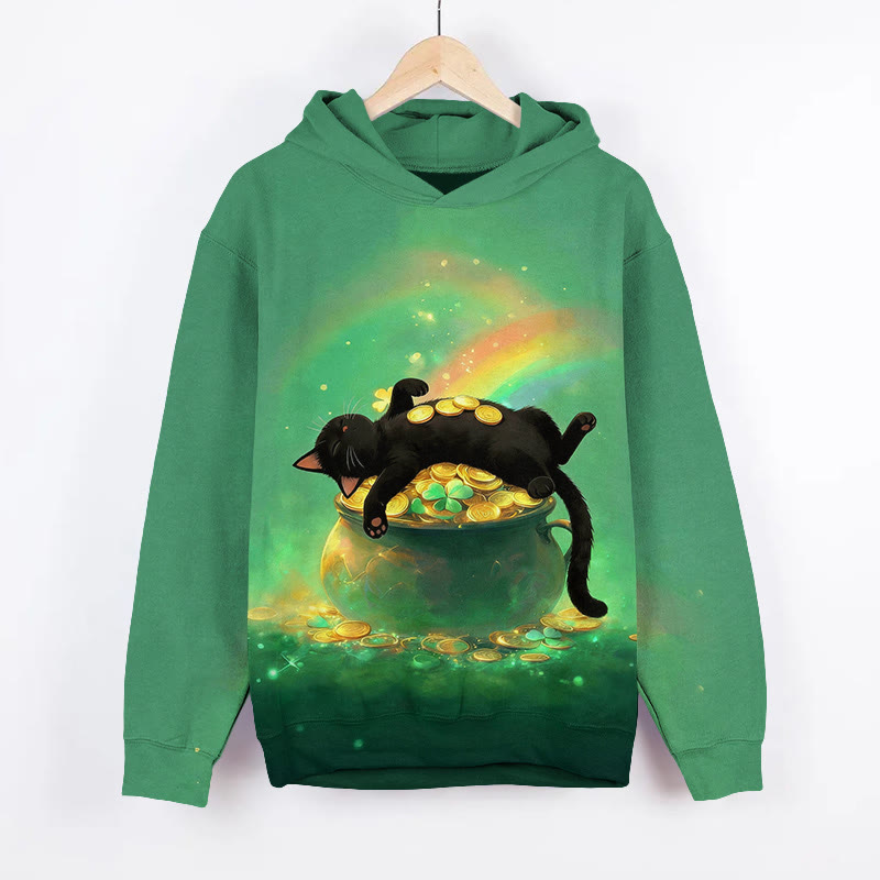 St. Patrick's Day Rainbow Cat Lying On Gold Coins Jar Art Print Long Sleeve Hoodie - Green - US44-46(8XL) - image 1
